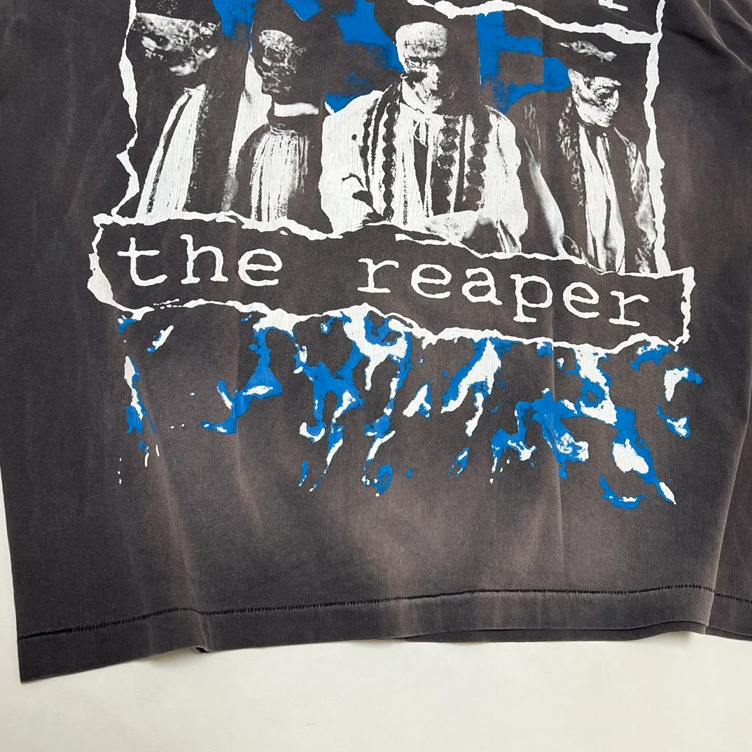 SAINT MICHAEL SS TEE/B FOR REAPER Jesus Hell's Angels Washed and Distressed Short Sleeves Washed Black S-XL Garment Dyed Printed Washed and Distressed